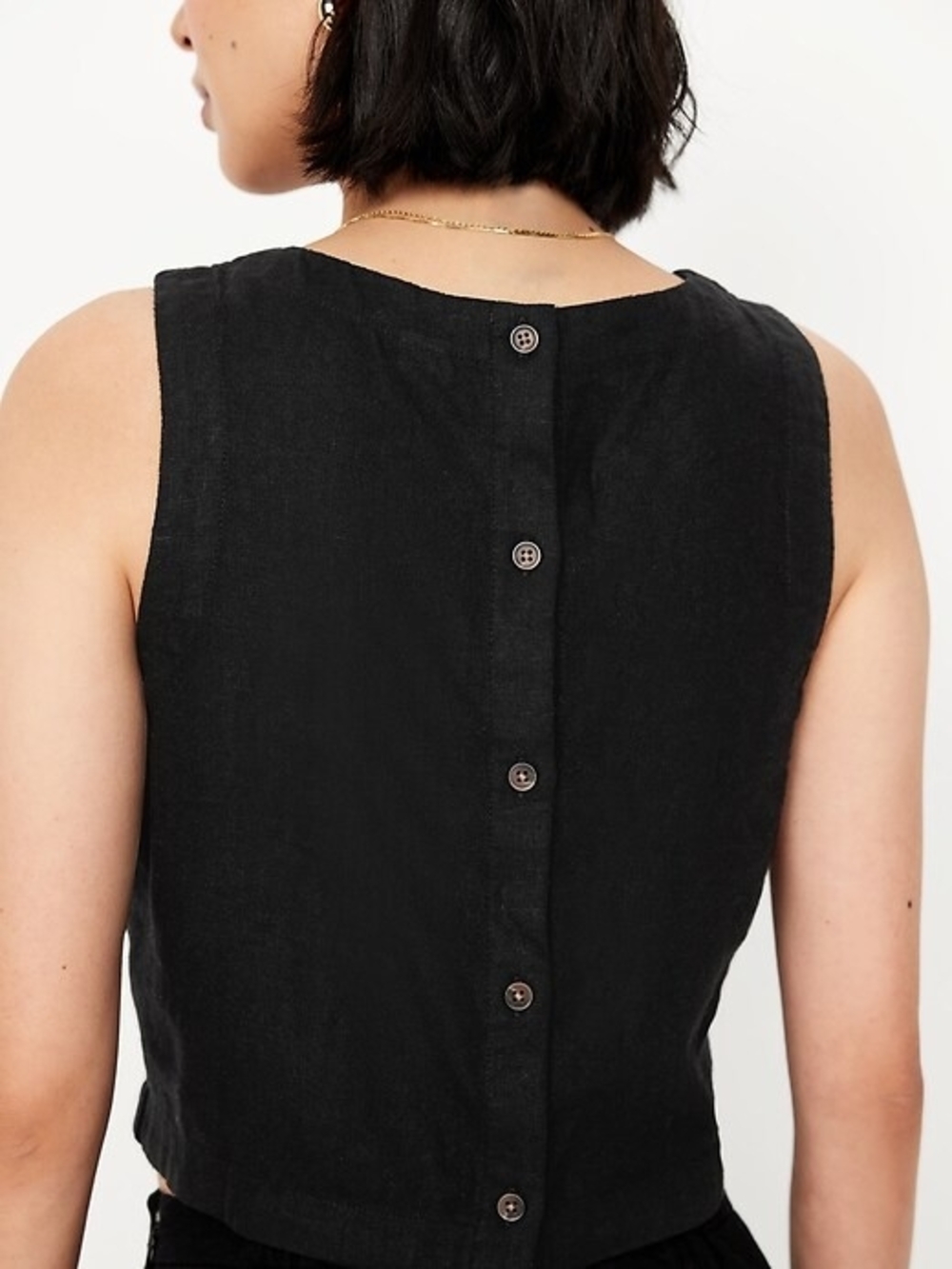 Black Button-Back Linen Blend Crop Top